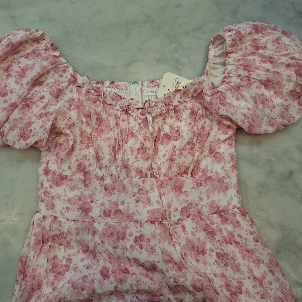 New Altar'd State Romper Women Small Pink Floral Puff Sleeve Ruffle Cottagecore